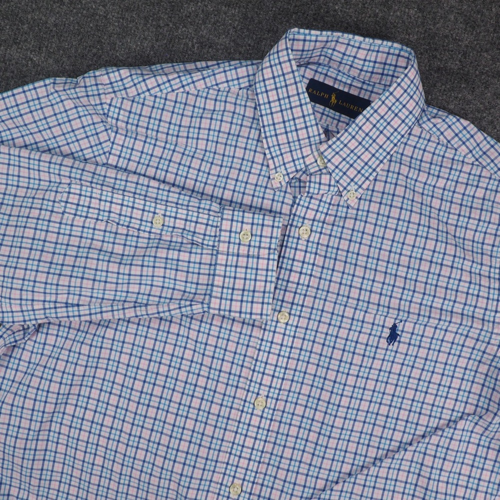 Ralph Lauren Shirt Mens Med Button Down Blue Pink Plaid Preppy Classic